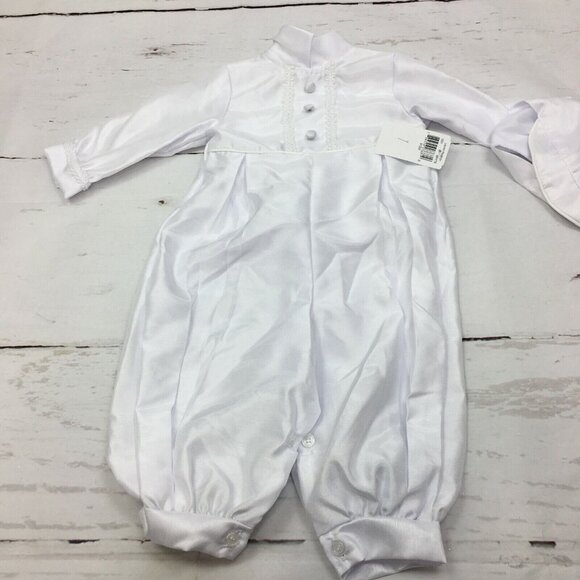 Lauren Madison Size 9-12M Shantung Christening Coverall and Hat Set Color: White - Picture 1 of 5